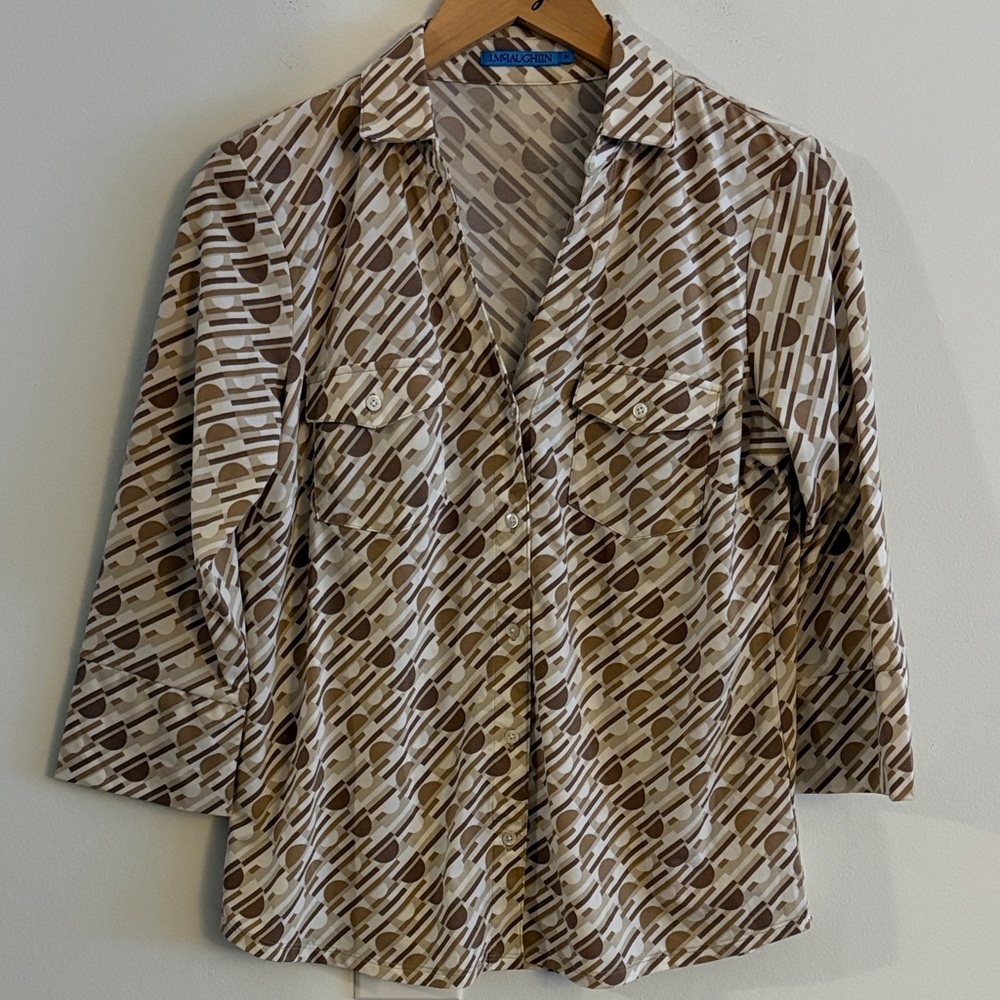 J. McLaughlin Stretchy Button Down Shirt Size Medium Women’s Brown Tan White